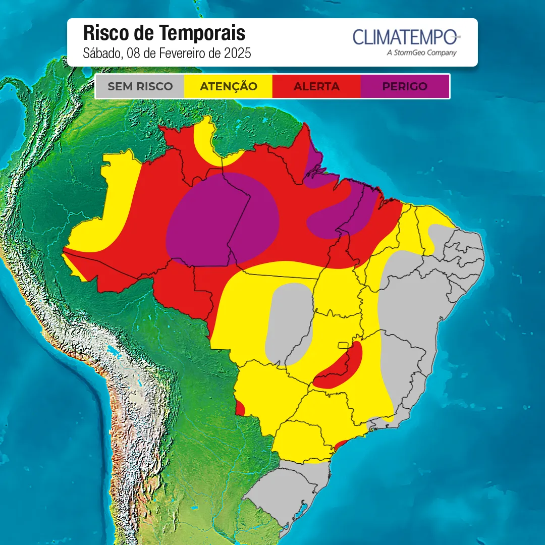 Mapa mostras as áreas onde estão com alerta para temporais no Brasil